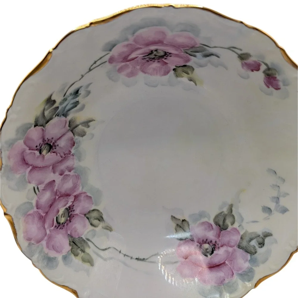 Vintage Seltmann Weiden Serving Bowl Green‎ Pink Floral Hand Painted Nine in SEE